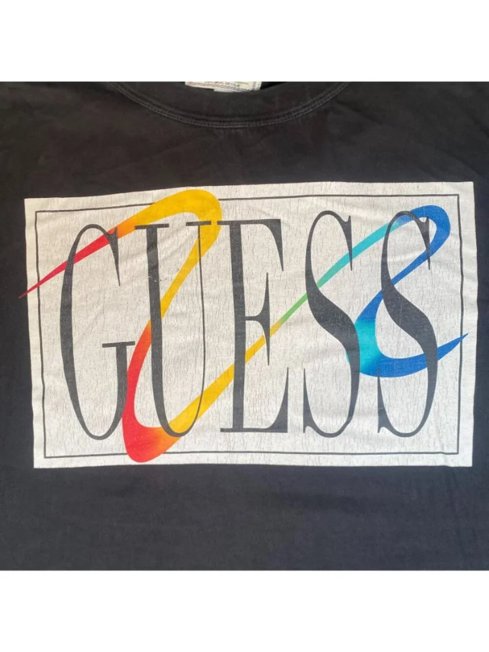 Vintage 90s Guess Jeans Box Logo T-Shirt Black M Colorful Rainbow Streetwear - Picture 2 of 4